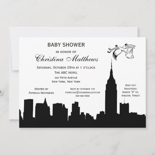 Invitation NYC Skyline Silhouette Baby shower Stork (Devant)