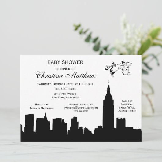 Invitation NYC Skyline Silhouette Baby shower Stork (Debout devant)