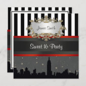 Invitation NYC Skyline Silhouette Blk Wht Stripe Sweet 16 (Devant / Derrière)