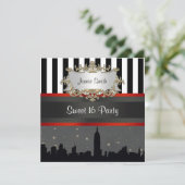 Invitation NYC Skyline Silhouette Blk Wht Stripe Sweet 16 (Debout devant)