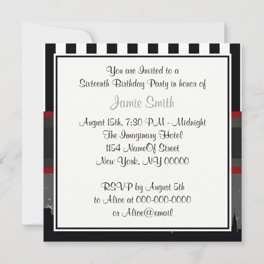 Invitation NYC Skyline Silhouette Blk Wht Stripe Sweet 16 (Dos)