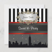 Invitation NYC Skyline Silhouette Blk Wht Stripe Sweet 16 (Devant)