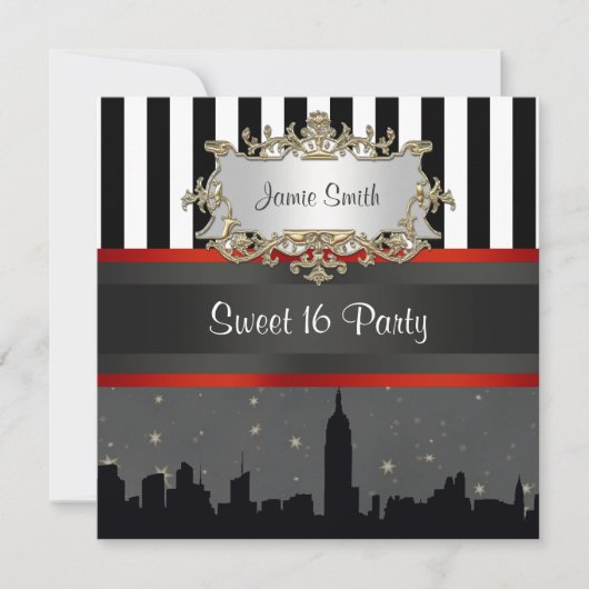 Invitation NYC Skyline Silhouette Blk Wht Stripe Sweet 16 (Devant)