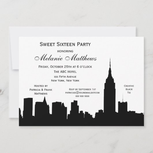 Invitation NYC Skyline Silhouette Sweet sixteen (Devant)