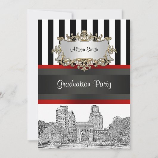 Invitation NYC Skyline Wash Sq Pk Bk Wht Stripe Graduation (Devant)