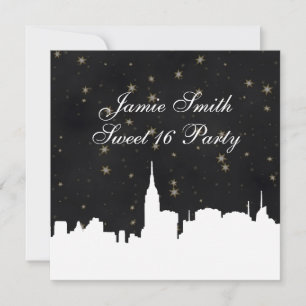 Invitation NYC Skyline Wht Silhouette Blk Gold Star Sweet 16