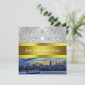 Invitation NYC Sunset Skyline ESB White Damask Fête des marié (Debout devant)