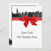 Invitation NYC Wide Skyline Etched BW Red Birthday Party (Devant / Derrière)