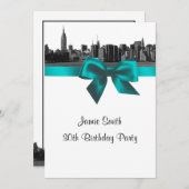Invitation NYC Wide Skyline Etched BW Turquoise fête d'annive (Devant / Derrière)