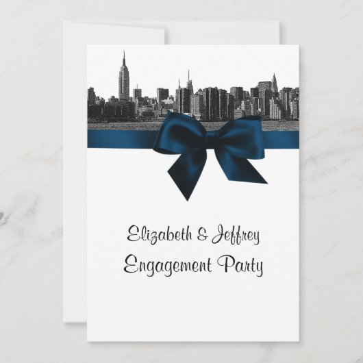 Invitation NYC Wide Skyline Etted BW Navy Engagement Party (Devant)