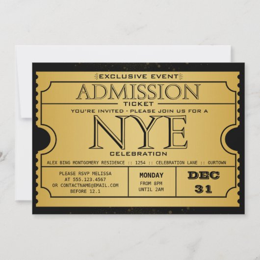 Invitation NYE Gold Black Modern Ticket Party (Devant)