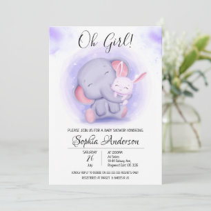 Invitation O Fille lapin et Baby shower d'éléphant