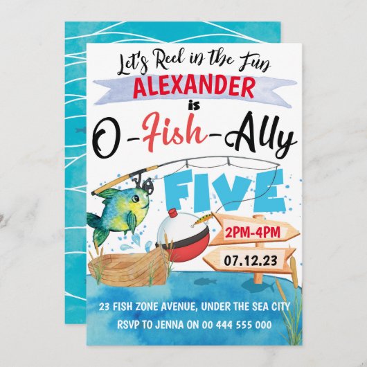 Invitation O-Fish-Ally 5 Pêche 5e anniversaire garçon (Devant / Derrière)
