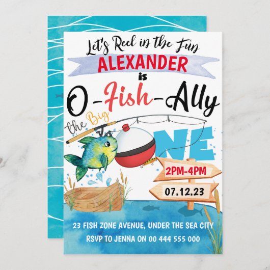 Invitation O-Fish-Ally Big One Pêche 1er anniversaire garçon (Devant / Derrière)