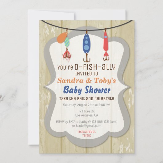 Invitation O-FISH-ALLY Fishing Baby Shower - Tan (Devant)