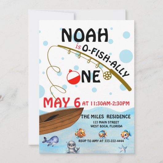Invitation O-fish-ally one Pêche 1er anniversaire (Devant)