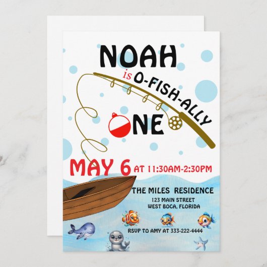Invitation O-fish-ally one Pêche 1er anniversaire (Devant / Derrière)