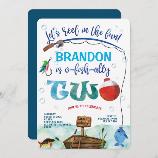 Invitation O-fish-Ally, Petit Pêcheur, Pêche 2e Birthda (Devant / Derrière)