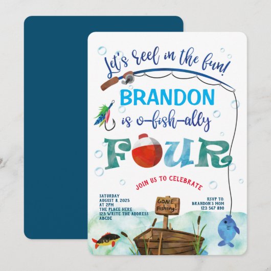 Invitation O-fish-Ally, Petit pêcheur, Pêche 4ème anniversair (Devant / Derrière)