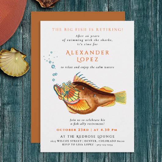 Invitation O-fish-ally Retraité couleur poisson illustration