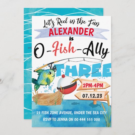 Invitation O-Fish-Ally Trois Pêche 3e anniversaire garçon (Devant / Derrière)