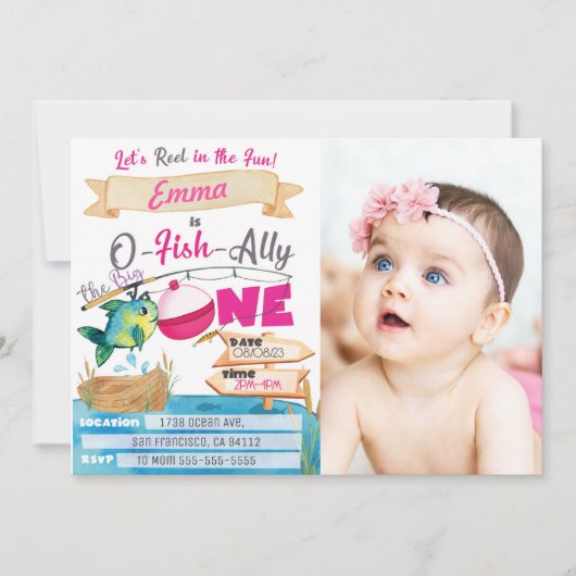Invitation O-Fish-Ally une fille 1er anniversaire de pêche ph (Devant)
