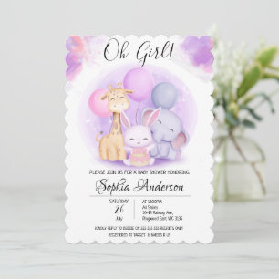 Invitation O Girl Elephant Giraffe Rabbit Baby shower de ball