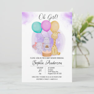 Invitation O Girl Elephant Hippo Giraffe Baby shower de ballo