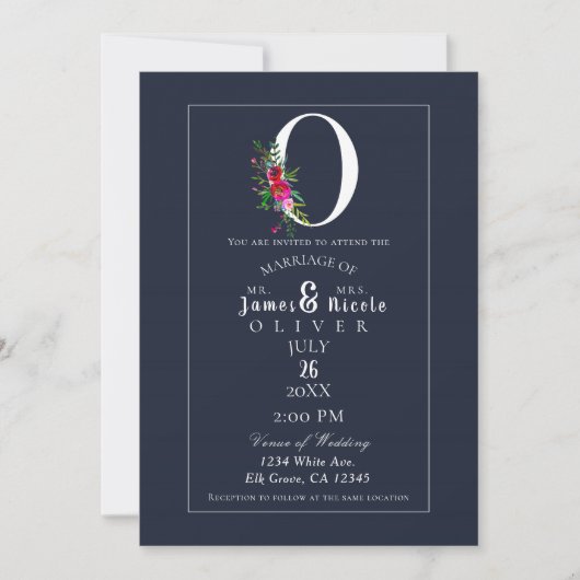 Invitation O Monogramme Dernier initial bleu Floral Mariage (Devant)