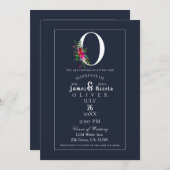 Invitation O Monogramme Dernier initial bleu Floral Mariage (Devant / Derrière)