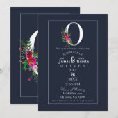 Invitation O Monogramme Initiale Moderne Fleurie Bleue Mariag (Devant / Derrière)