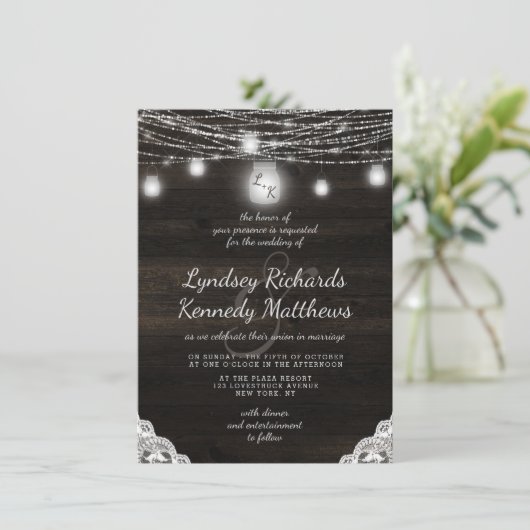 Invitation Oak Ridge Rustic Dark Wood & Mariage dentelle (Debout devant)
