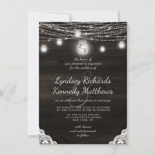 Invitation Oak Ridge Rustic Dark Wood & Mariage dentelle (Devant)