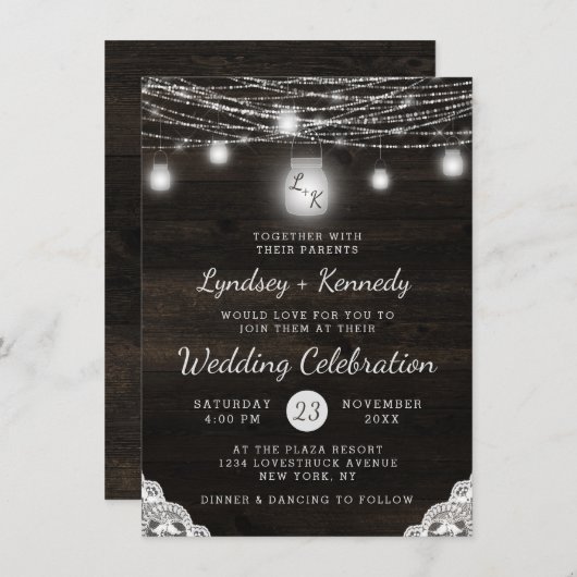 Invitation Oak Ridge Rustic Wood & Mason Jar Monogram Mariage (Devant / Derrière)