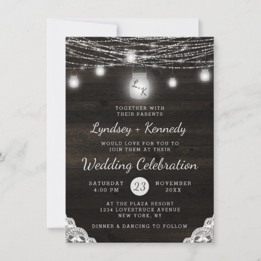 Invitation Oak Ridge Rustic Wood & Mason Jar Monogram Mariage (Devant)