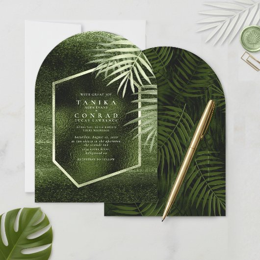 Invitation Oasis Olive Abstrait Feuille de Palmier en Feuille