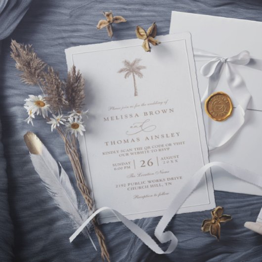Invitation OASIS Palm Tree Minimalist Elegant QR Code Wedding