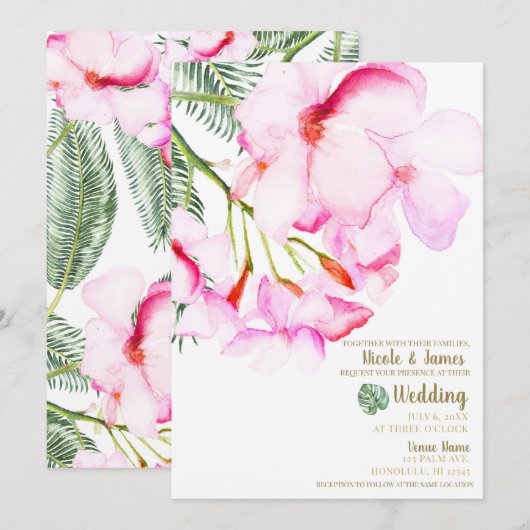 Invitation Oasis tropical vert rose Mariage floral hawaïen (Devant / Derrière)