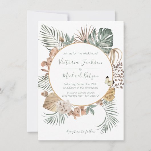 Invitation Oasis tropicale Mariage moderne Palm Wreath (Devant)