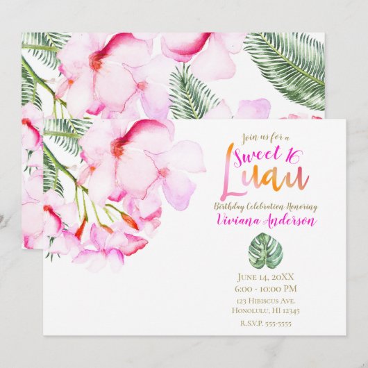 Invitation Oasis tropicale Rose Vert Hawaiien Floral Sweet 16 (Devant / Derrière)