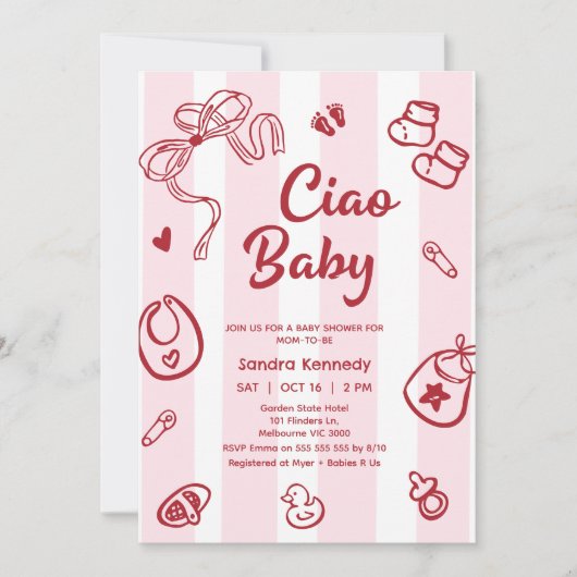 Invitation Objets pour bébé rose rouge Ciao Baby shower bébé (Devant)