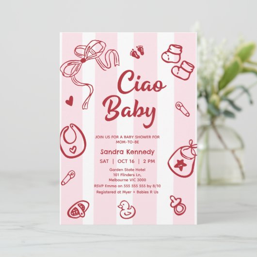 Invitation Objets pour bébé rose rouge Ciao Baby shower bébé (Debout devant)