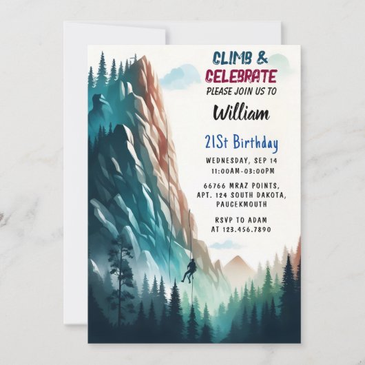 Invitation Obtenez Boy Tree Fun Cliff Rock Escalade 21e anniv (Devant)