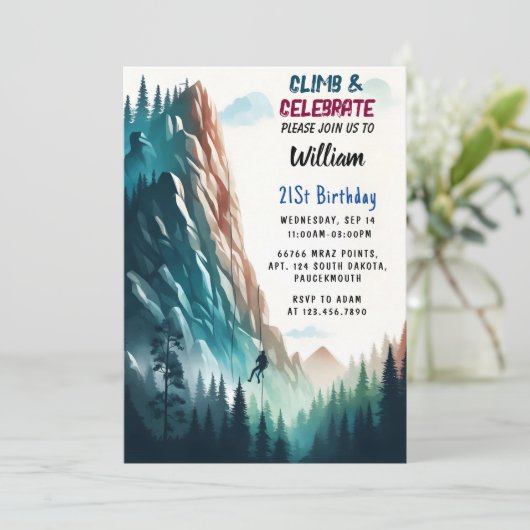 Invitation Obtenez Boy Tree Fun Cliff Rock Escalade 21e anniv (Debout devant)