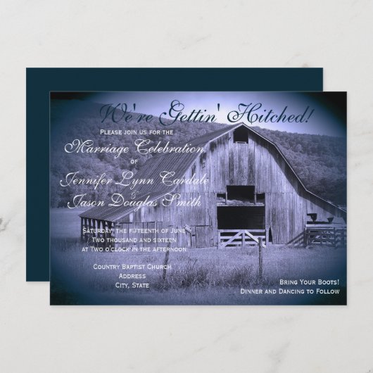 Invitation Obtenir Hitched Rustic Grange Mariage Invite Bleu (Devant / Derrière)