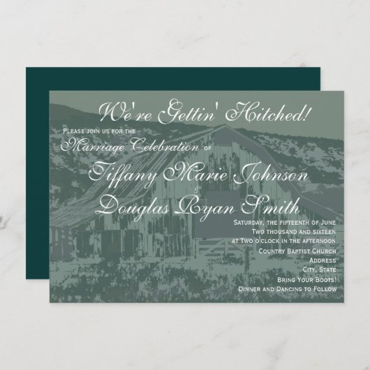 Invitation Obtenir Hitched Rustic Grange Mariage Invite Bleu (Devant / Derrière)