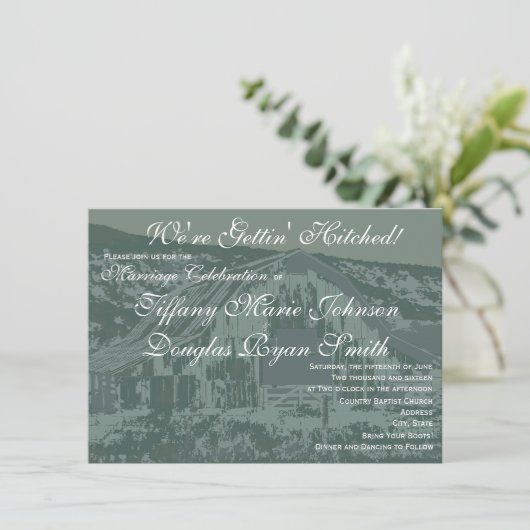 Invitation Obtenir Hitched Rustic Grange Mariage Invite Bleu (Debout devant)