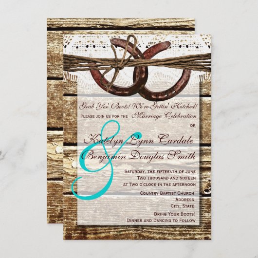 Invitation Obtenir Hitched Wood Horseshoes Mariage Invite (Devant / Derrière)