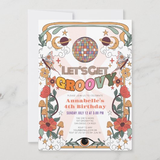 Invitation Obtenons Super Psychedelic Retro Girl Anniversaire (Devant)