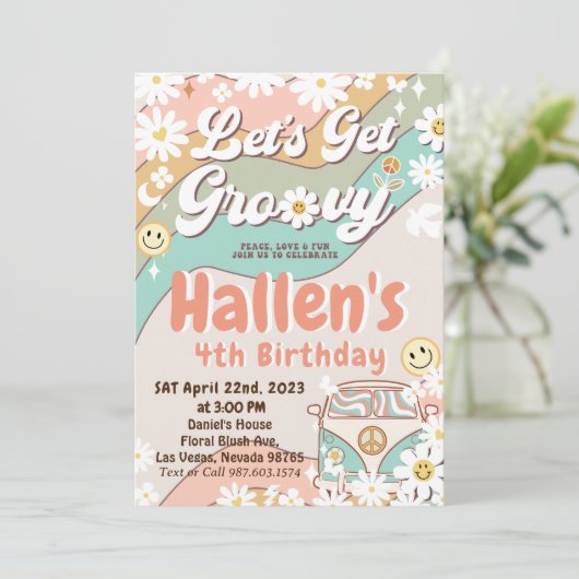 Invitation Obtenons Super Retro Boho Daisy Rainbow Anniversai (Debout devant)
